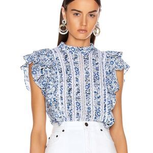 NWOT Veronica Beard Sol Floral blue Ruffle High Neck Top Blouse Size 10
